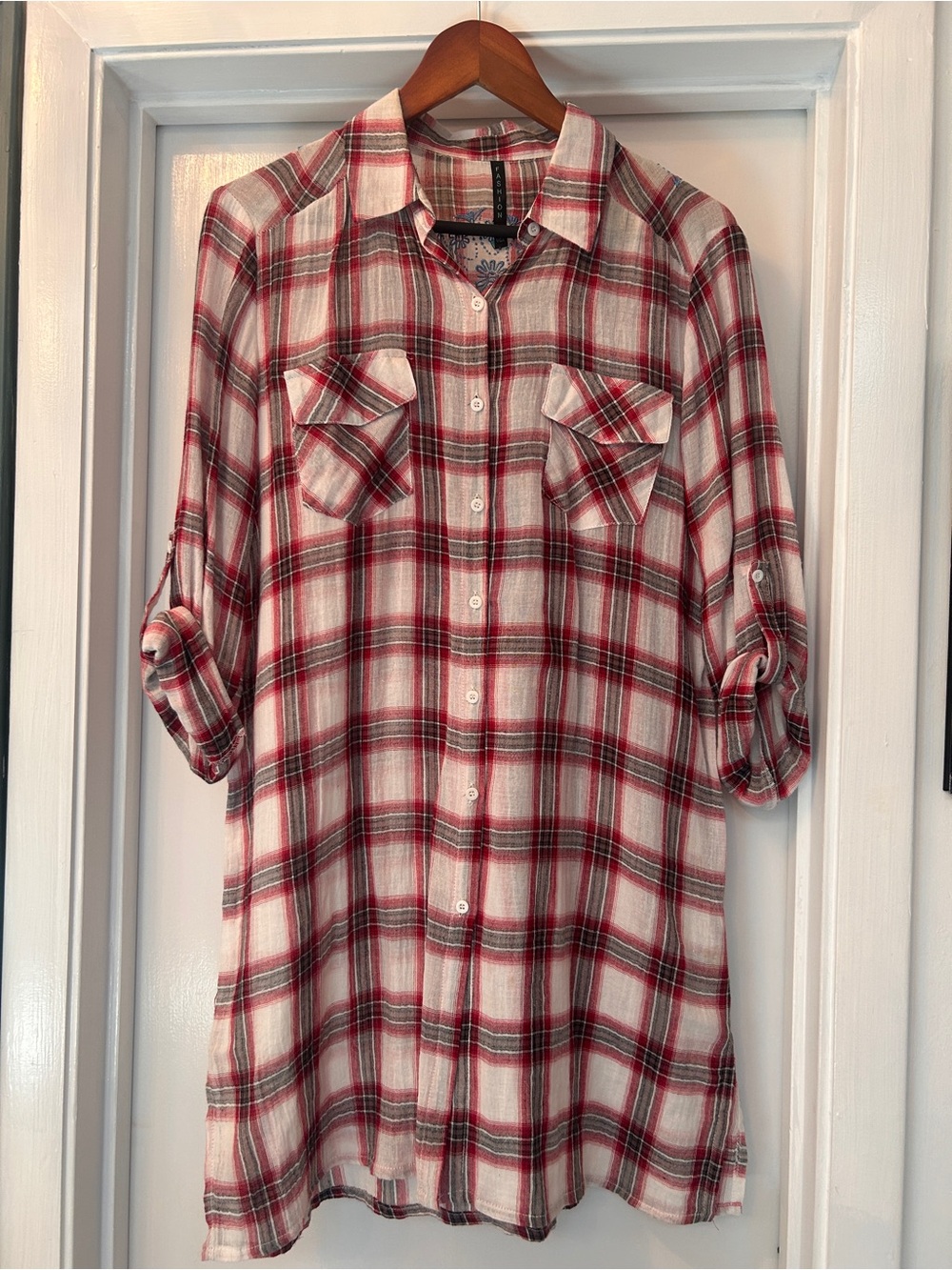 Ladies Red Plaid Button-Front Shirt Dress